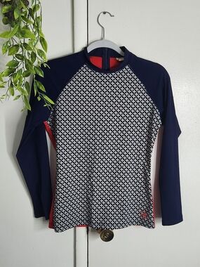 ✨ Tory Burch Sport Rash Guard Navy Red Geo Print Long Sleeve Swim Top M 💙❤️